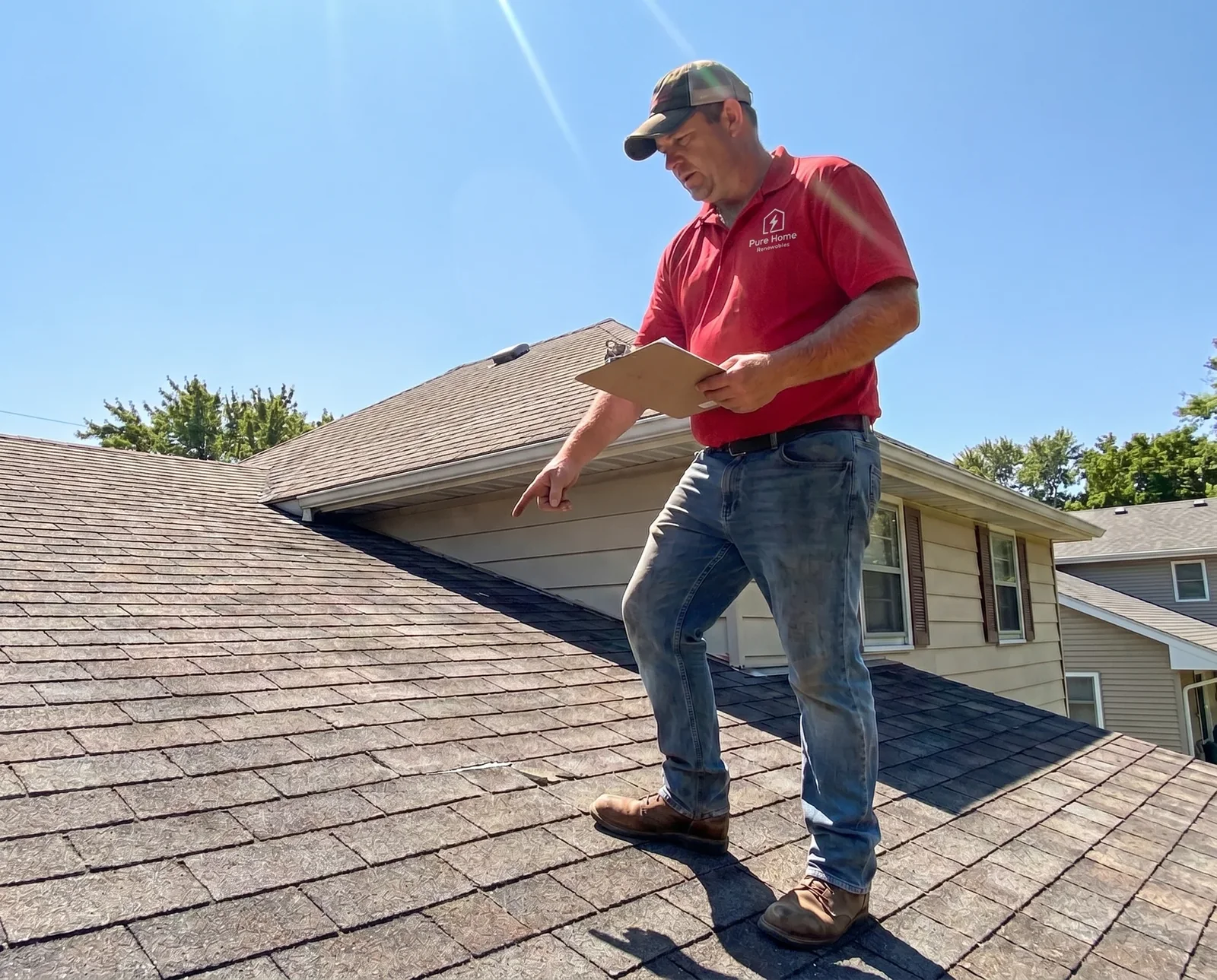 Man in a red polo holding a clipboard while standing on a shingle roof